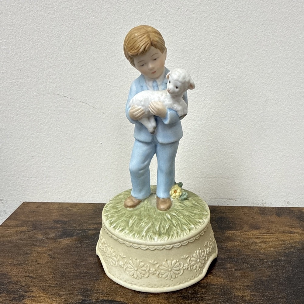 Vintage Roman Musical Figurine Boy Lamb Music Box 1989 Porcelain Works Japan